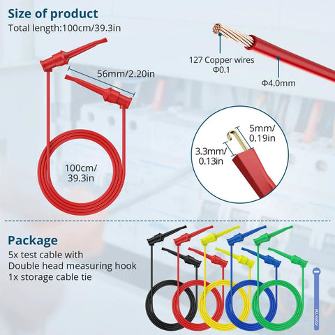 5 Pack Double Ended Mini Grabber Test Leads With 1M Length And 10A Heavy Duty Hook Clips in 5 colors for PCB repair