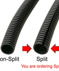 Split and non-split wire loom tubing comparison, showing a close-up of polyethylene corrugated flexible conduit for easy cable management.