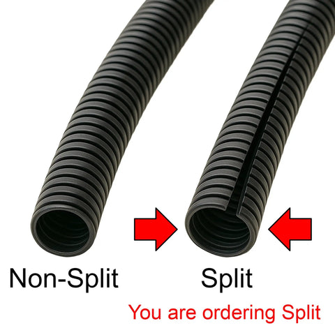 Split and non-split wire loom tubing comparison, showing a close-up of polyethylene corrugated flexible conduit for easy cable management.