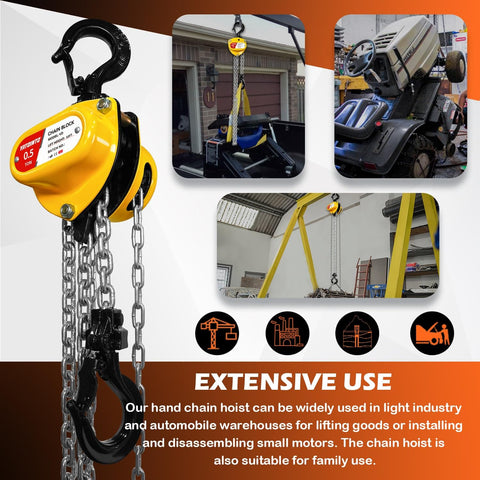 Half Ton Chain Hoist, Ultra Lightweight And Compact, 10 Foot Lift, 11 Inch Low Headroom, Industrial Grade Steel Chain Fall product display
