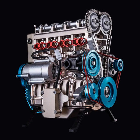 4 Cylinder Metal Engine Model Kit That Actually Works With 325 Precision Parts For DIY Car Engine Build Perfect For Gearheads And Science Buffs Aluminum Finish DM13, front view