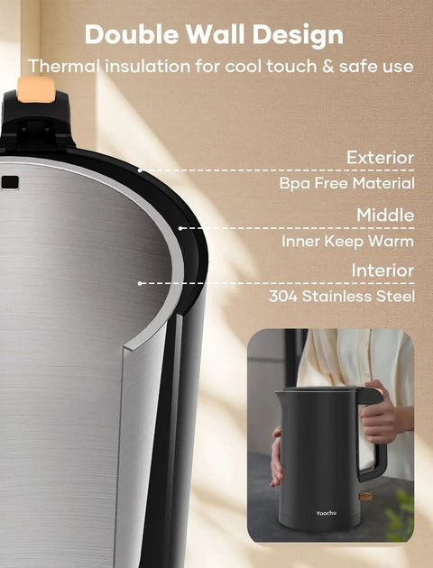 Double Wall 1.7L Electric Kettle With Cool Touch Exterior No Burn Hands Safety Rapid 1500W Boil Stainless Steel Water Boiler And Heater Cordless Base BPA Free Black showing double-wall design with inset image of person holding kettle.