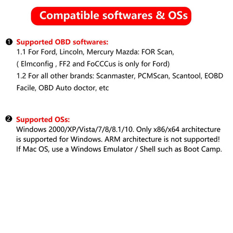 Compatible software list for USB OBD2 Diagnostic Tool With ELM327 Chip Code Reader showing supported OS and software.