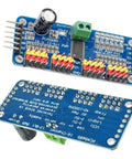 Top and bottom view of PCA9685 Compatible 16 Channel PWM Servo Driver with I2C Interface for Arduino and Raspberry Pi, circuit board.