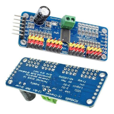 Top and bottom view of PCA9685 Compatible 16 Channel PWM Servo Driver with I2C Interface for Arduino and Raspberry Pi, circuit board.