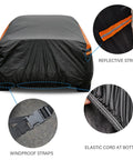 All Weather Universal Car Cover Waterproof Outdoor Shield for Sedans with windproof straps and reflective stripes detail