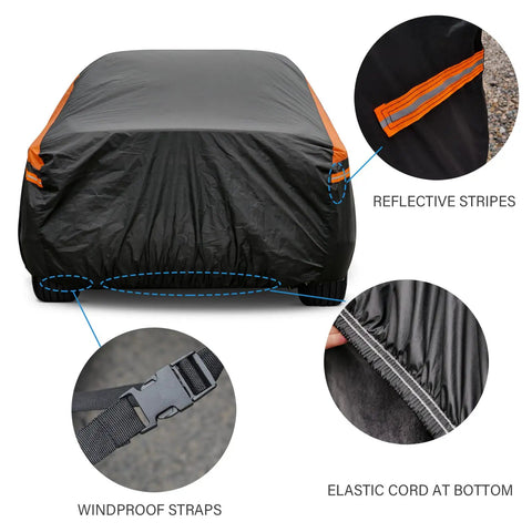 All Weather Universal Car Cover Waterproof Outdoor Shield for Sedans with windproof straps and reflective stripes detail