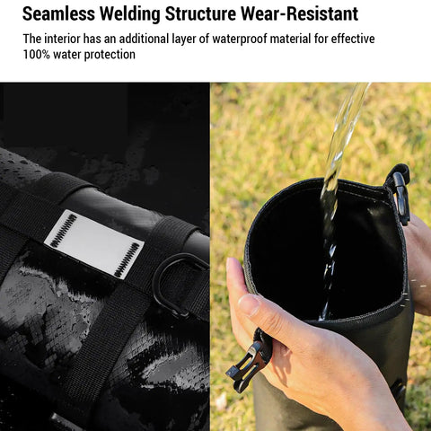 Water being poured onto 5L Waterproof Bike Fork Bag Frame Dry Bag For Mountain And Road Bikes, showcasing waterproof material.