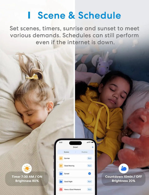 Two children sleeping with Smart Dimmer Switch Single Pole That Works With HomeKit, Alexa, Google, SmartThings app schedule on screen