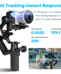 All In One Three Axis Gimbal Stabilizer For Camera Smartphone And Action Cam With Built In AI Tracking 0.003s Response And 18m Tracking Range Detachable Remote Handle For Vertical Shooting And Pro Grade Smooth Content Vlog Ready, showcasing AI tracking and fast response features.