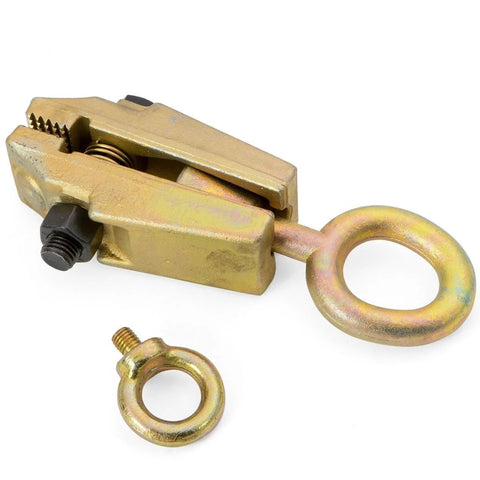 XtremepowerUS 5-Ton auto body clamp with gold metal eye ring; side view; includes 1 clamp and 2 rings