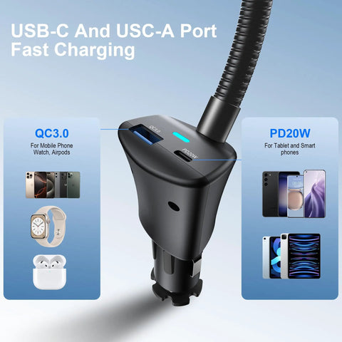 Heavy Duty 15W Fast Wireless Car Mount Charger That Plugs Straight Into Standard Cigarette Lighter Socket with USB-C and USB-A ports.