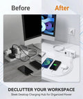 Before and after use of Six Port USB Charger Hub With US Plug Desktop Power Wall Adapter Cable Included, showing organized charging