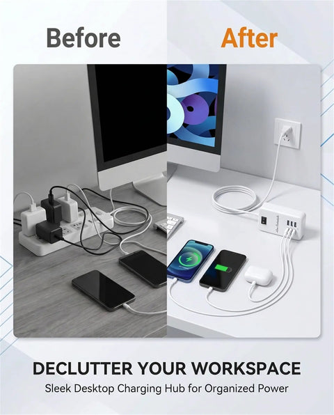 Before and after use of Six Port USB Charger Hub With US Plug Desktop Power Wall Adapter Cable Included, showing organized charging