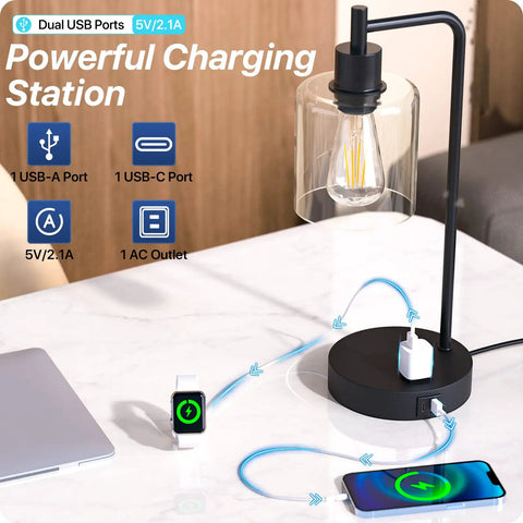 Upgraded Touch Control Desk Lamp With USB A And USB C Ports, AC Outlet, 3 Way Dimmable Glass Shade with charging devices.