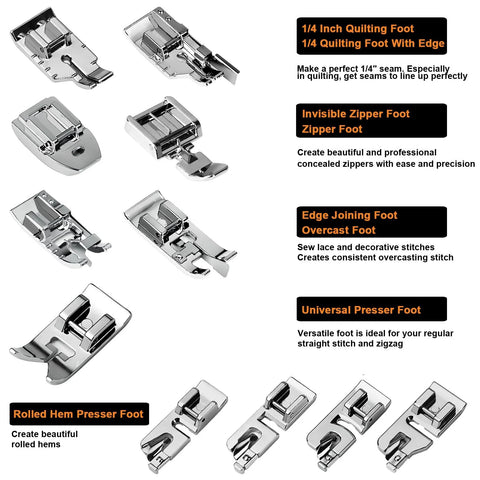 Sewing machine presser feet set, 42 pcs, chrome metal feet for low-shank sewing machines