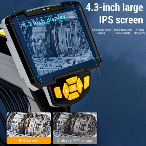 Close-up of Real Deal 1080P Borescope Camera With Blinding LED Flash And Hella Sharp 4.3 Inch IPS Screen showing display and controls.