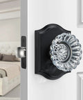 Vintage Black Crystal Glass Door Knobs With Lock For Privacy Interior Bedroom Bathroom Door Hardware Matte Black Finish Diamond Sunflower Design Heavy Duty Zinc Alloy Plates Classic Retro Look
