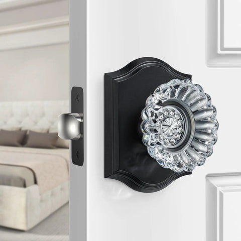 Vintage Black Crystal Glass Door Knobs With Lock For Privacy Interior Bedroom Bathroom Door Hardware Matte Black Finish Diamond Sunflower Design Heavy Duty Zinc Alloy Plates Classic Retro Look