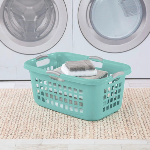 Six Pack Plastic Laundry Basket Hamper Set 2 Bushel Ultra Aqua Chrome Beastly Capacity with folded towels in front of washer