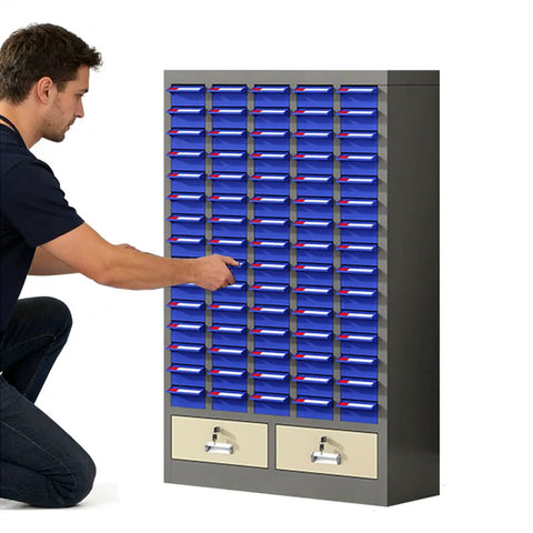 Heavy Duty 52 Drawer Parts Cabinet With Tough As Nails Steel Construction And Secure Door Lock for organizing screws and nails.