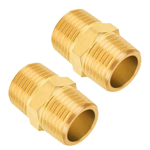 1/2 Inch Male Hex Nipples 1/2 Inch NPT Brass Pipe Fitting Adapters pair on white background for DIY plumbing projects