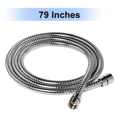 Extra Long 79 Inch Stainless Steel Shower Hose With Brass Inserts And Nut Flexible Chrome Finish Dual Head Design Corrosion Resistant High Pressure PVC Inner Tube Durable No Fuss Easy Install In Any Shower coiled view