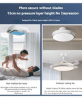 Bladeless Ceiling Fan With Light Turquoise Blue Full Spectrum LED Chandelier Fly Modern Design in cozy indoor setting.