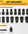 17-Piece 3/8 Inch Drive Bolt Extraction Socket Set For Stripped Damaged Rusted Frozen Studs Bolts Nuts And Screws In CR-MO Steel