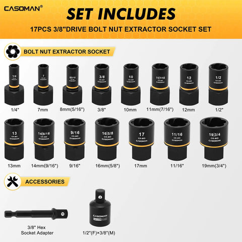 17-Piece 3/8 Inch Drive Bolt Extraction Socket Set For Stripped Damaged Rusted Frozen Studs Bolts Nuts And Screws In CR-MO Steel