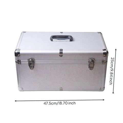 Heavy Duty Silver Metal Tool Box With Reinforced Corners Secure Carry Handle Tough As Nails For Workshop And Field Repair Jobs Keeps All Gear Locked And Loaded, dimensions 47.5cm x 26.5cm.