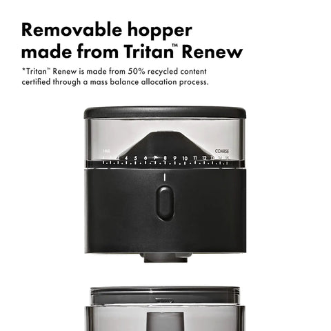 Removable hopper of Compact Stainless Steel Conical Burr Electric Coffee Bean Grinder made from Tritan™ Renew with adjustable settings.