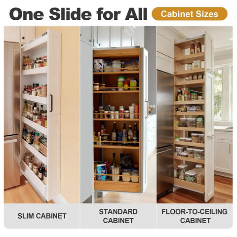 22 Inch Pantry Drawer Slides For Tall Cabinets Dual Top And Bottom Pull Out Soft Close Beefy Heavy Duty 120 Lb Capacity Silver Finish Keeps Fully Loaded Pantries Steady And Smooth In Tall Pantry Cabinets used in slim, standard, and floor-to-ceiling pantry cabinets