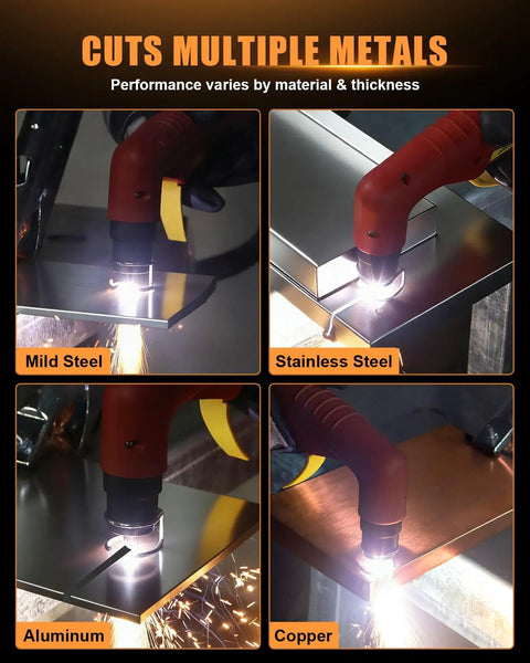 55 Amp Plasma Cutter With High Frequency Pilot Arc cutting mild steel, stainless steel, aluminum, and copper.