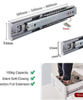 Beefy Soft Close Drawer Slides Pair, 30 Inch Heavy Duty Rails, dimensions and load capacity illustration, silent closing feature