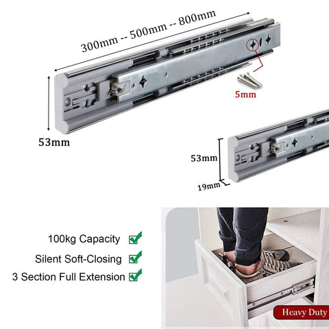 Beefy Soft Close Drawer Slides Pair, 30 Inch Heavy Duty Rails, dimensions and load capacity illustration, silent closing feature