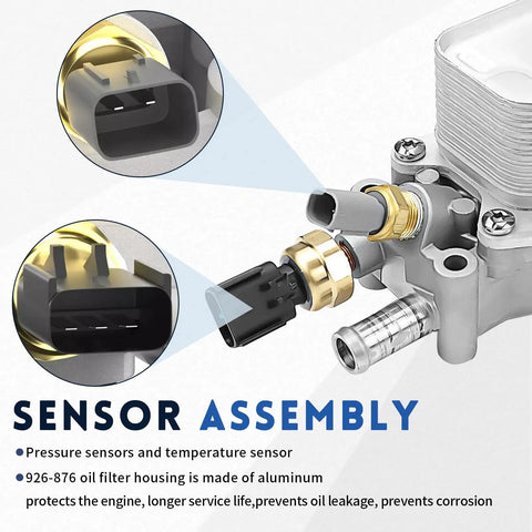 Close-up of aluminum sensor assembly on Rock Solid Upgraded Aluminum Engine Oil Filter Housing Kit With 3.6L Oil Cooler Adapter