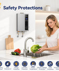 18Kw Electric Tankless Water Heater Delivers Kickin Instant Heat At 240V With 4.9 GPM Flow, mounted above a modern kitchen sink.