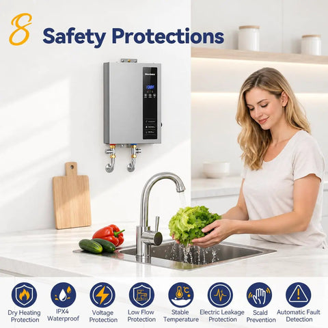 18Kw Electric Tankless Water Heater Delivers Kickin Instant Heat At 240V With 4.9 GPM Flow, mounted above a modern kitchen sink.