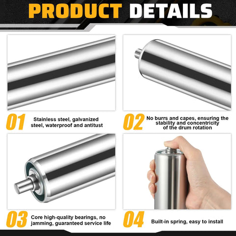 Diagram showing details of 10 Pcs Galvanized Steel Conveyor Rollers Set, 16 Inch Length, 2 Inch Diameter, for conveyors and woodworking.