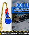 2 Ton Snatch Block With G80 Chain For Three Eighths Inch Wire Rope, 3 Inch Sheave, shown with towing vehicle in background