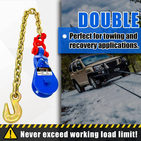 2 Ton Snatch Block With G80 Chain For Three Eighths Inch Wire Rope, 3 Inch Sheave, shown with towing vehicle in background