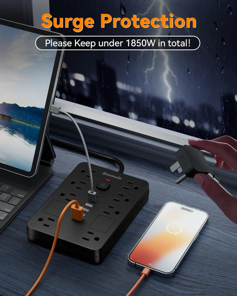 Beefed-Up Surge Protector Power Strip With Eight Outlets And Six USB Ports Including Two USB C Ports 1850W 15A 6FT Flat Plug Extension Cord ETL Listed For Home Office Dorm Room Black on desk with devices