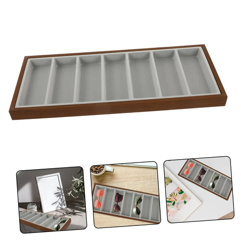 Straight Up Premium Wooden Eyewear Display Tray With Soft Protective Lining For Sunglasses Glasses And Jewelry Storage stylishly arranged on a desk.