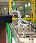 Six Pack 11 Inch C Clamp Locking Pliers Set With Swivel Pads securing metal beam in workshop