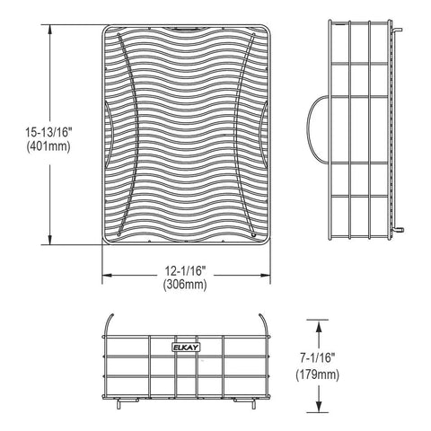 Technical drawing of a custom sized stainless steel rinsing basket with protective feet for sinks by Elkay.