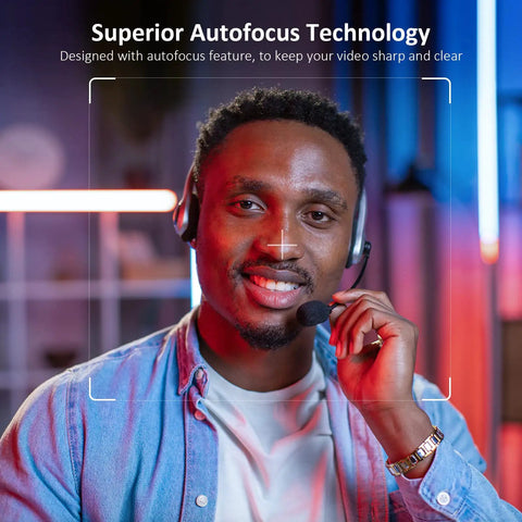 Smooth 1080P 60FPS Webcam With Autofocus Dual Mics And Privacy Cover For Crisp Streams Zoom Meetings Gaming Twitch And Super Simple Plug And Play Setup featuring a man using it with headset.