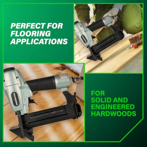 Top Notch Pro Preferred Pneumatic Flooring Nailer for hardwood on wooden floor with tool in hand, focusing on flooring applications.