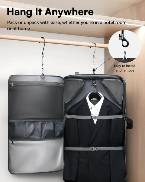 AUROTIER rolling garment bag, front view opened to reveal black suit on hanger and built-in hanging feature.