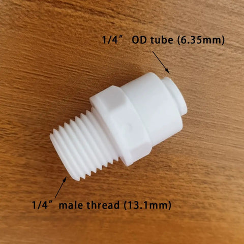 Push To Connect Tube Fitting One Quarter NPT Male To One Quarter OD Tube Quick Connector For Water Purifiers And RO DI Filtration Systems White 10 Pack Easy Install Durable Construction For Home And Industrial Use shown from side view